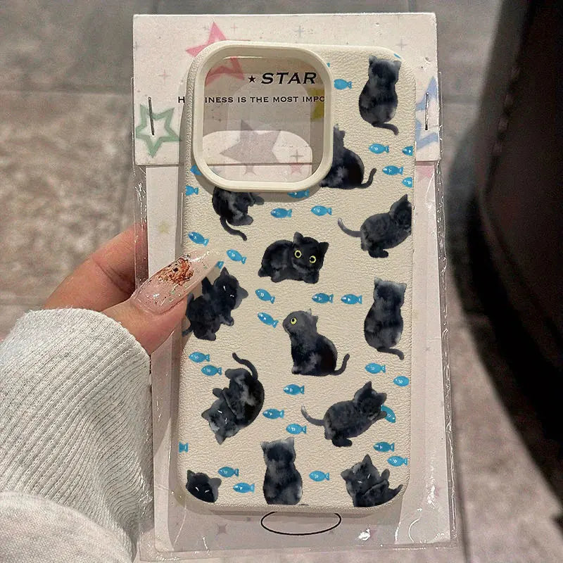 Cute Black Cat Blue Fish Pattern Silicone Phone Case For iPhone