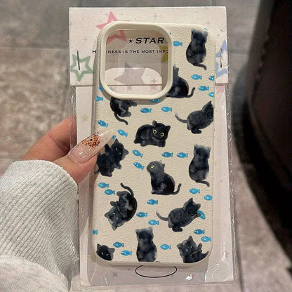 Cute Black Cat Blue Fish Pattern Silicone Phone Case For iPhone