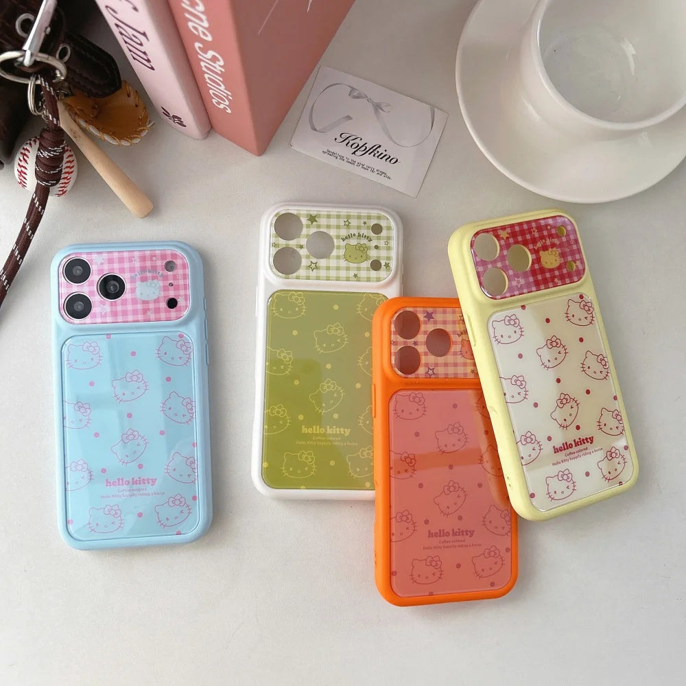 Cute Cartoon Large Window Four Colored Line Kitty Head Phone Case For iPhone