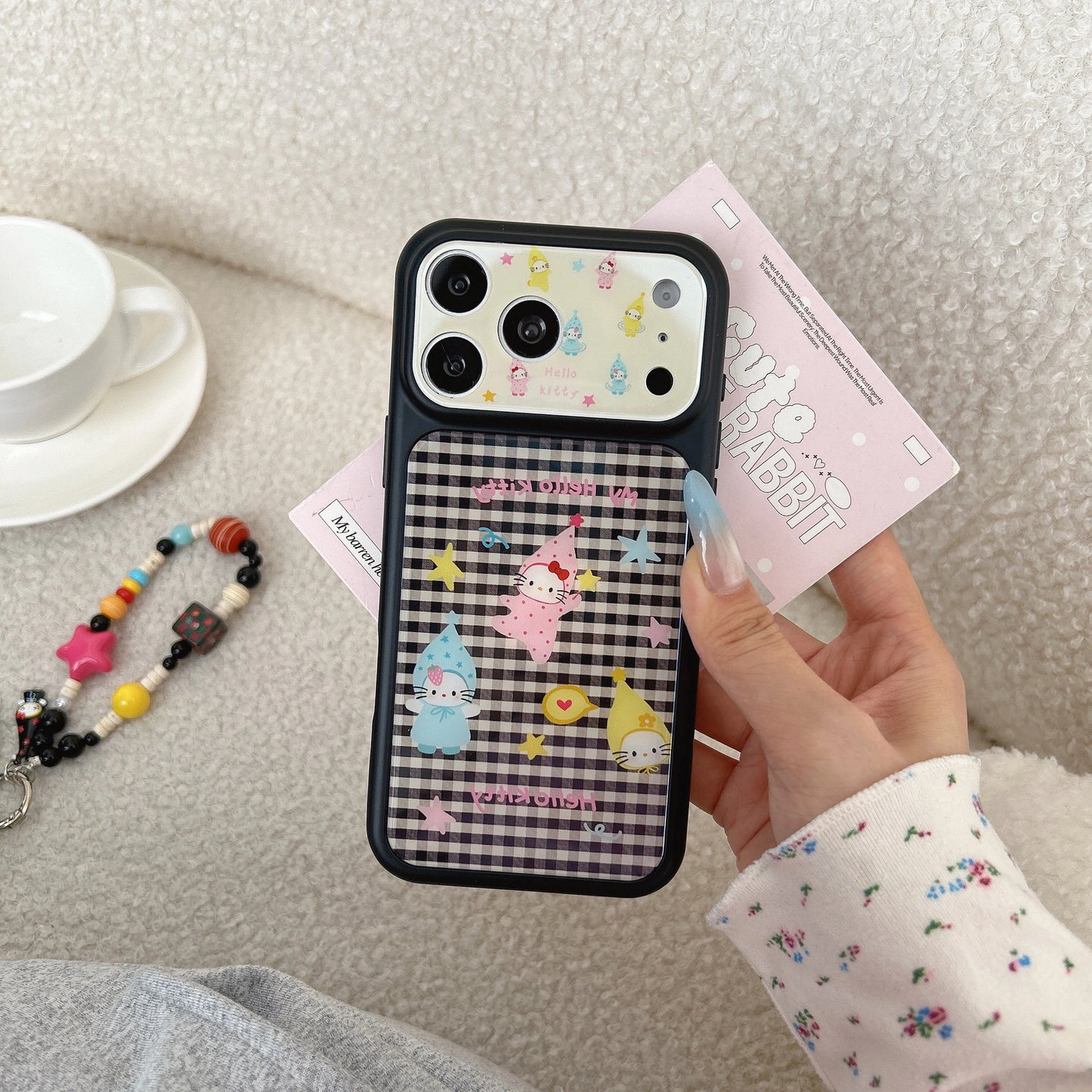 Luxury Cute Black and White Checkered Hat Kitty Phone Case For iPhone
