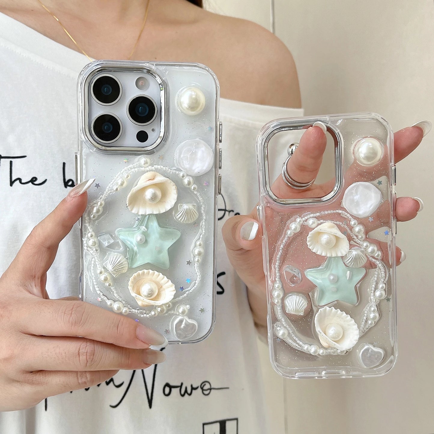Sweet Summer Vibe Transparent 3D Pearl Shell & Starfish Decor Lovely Phone Case