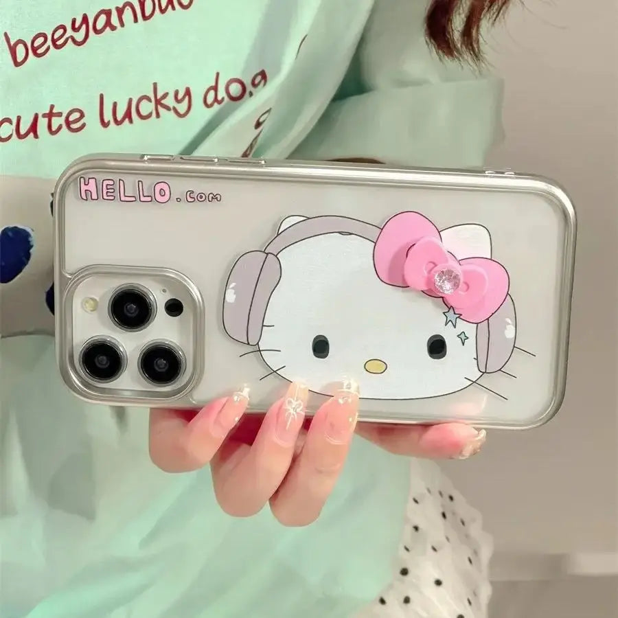 Hello Kitty Big Face Music Pink Bow Strap Phone Case For iPhone