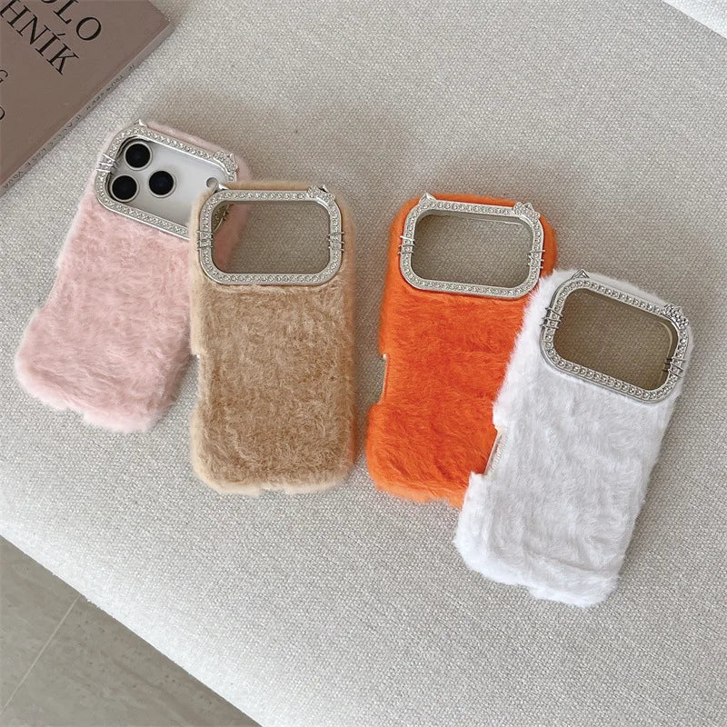 Luxury Solid Colors Diamond Fluffy Fur Plush Phone Case For iPhone