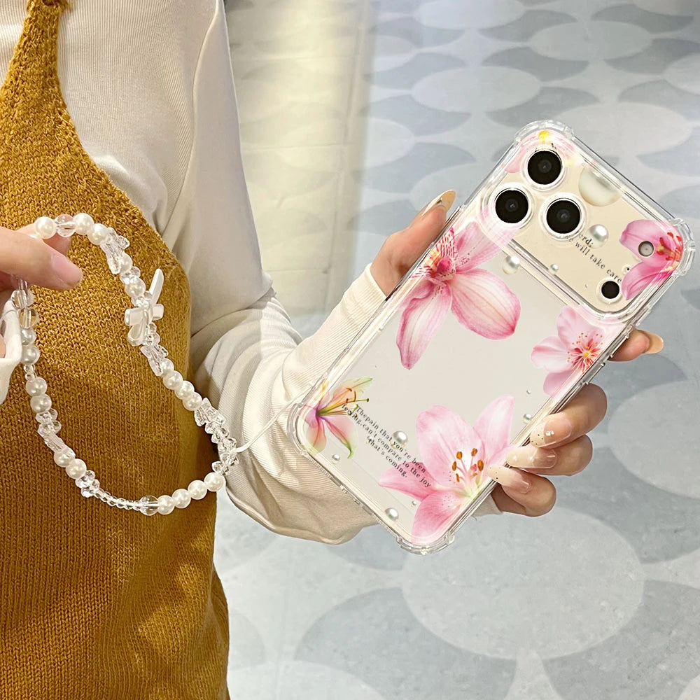 Pink Lily Flower Pattern Transparent Phone Case For iPhone