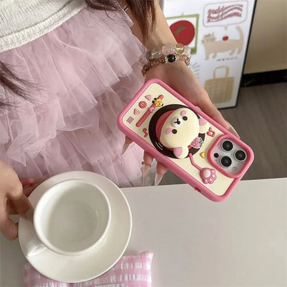 Rotating Record Player Rilakkuma Retractable Stand Phone Case, Compatible With iPhone