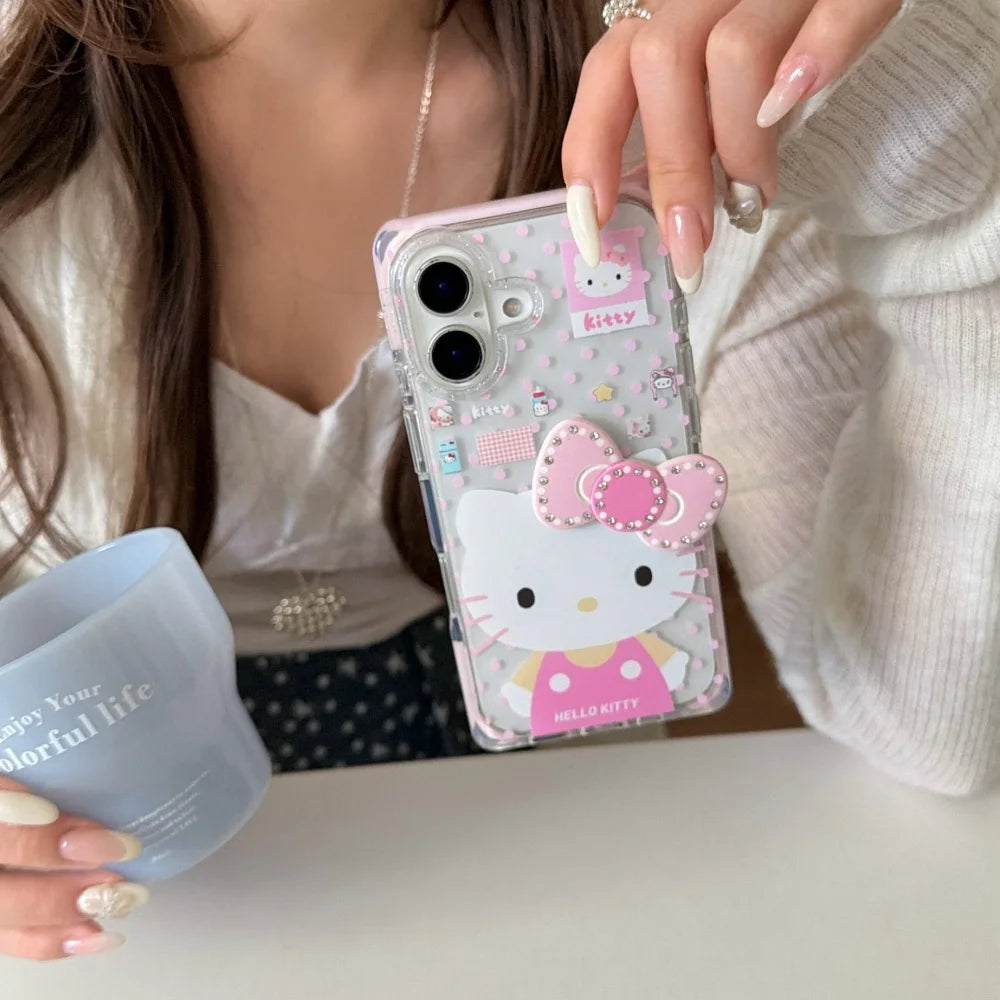 Square Pink Border Hello Kitty Three Dimensional Bow Phone Case For iPhone