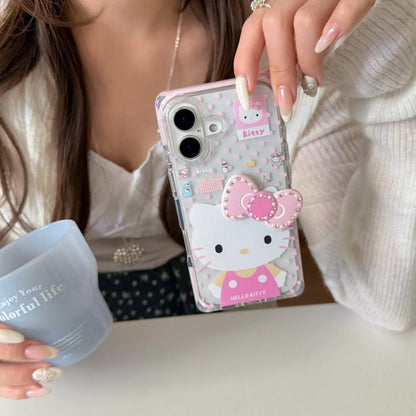 Square Pink Border Hello Kitty Three Dimensional Bow Phone Case For iPhone
