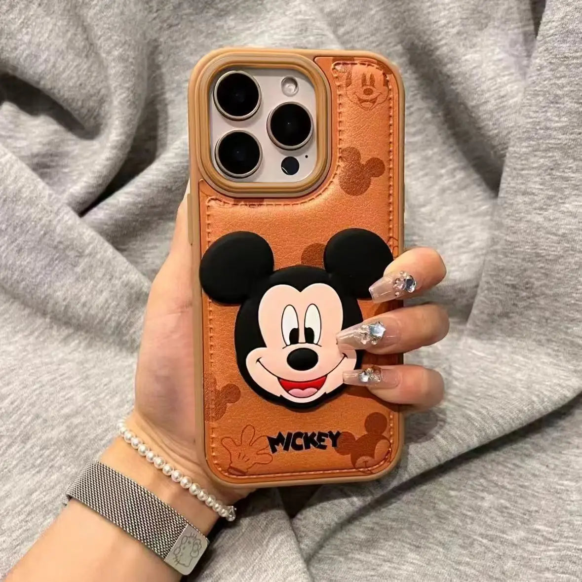 Cute 3D Mickey Mouse Leather Pattern Phone Case Compatible with iPhone