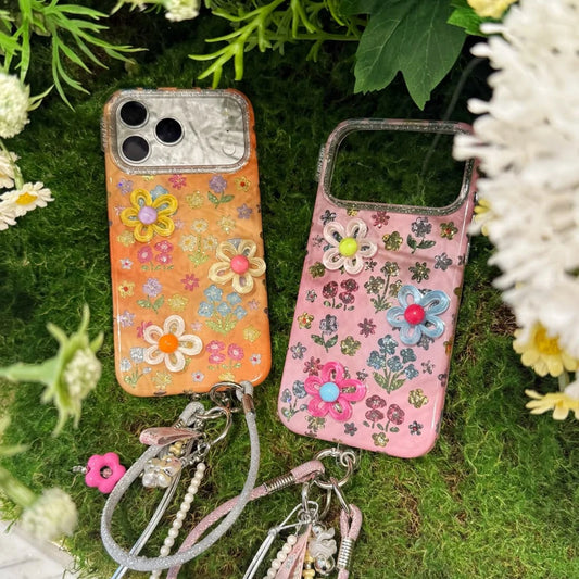 Dopamine Cute 3D Flower Floral Glitter With Lanyard Shockproof Protective Phone Cover Case For iPhone