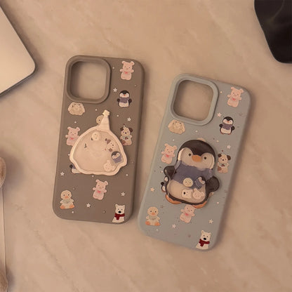 Cute Cartoon 3D Penguin Bunny Quicksand Phone Case For iPhone