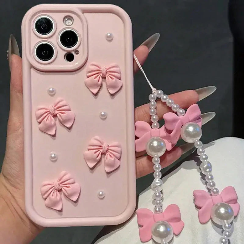 Korean 3D Bowknot Pearl Silicone Phone Case For iPhone