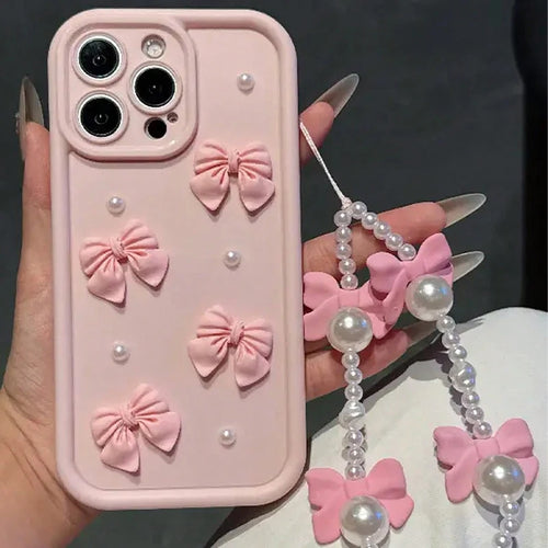 Korean 3D Bowknot Pearl Silicone Phone Case For iPhone