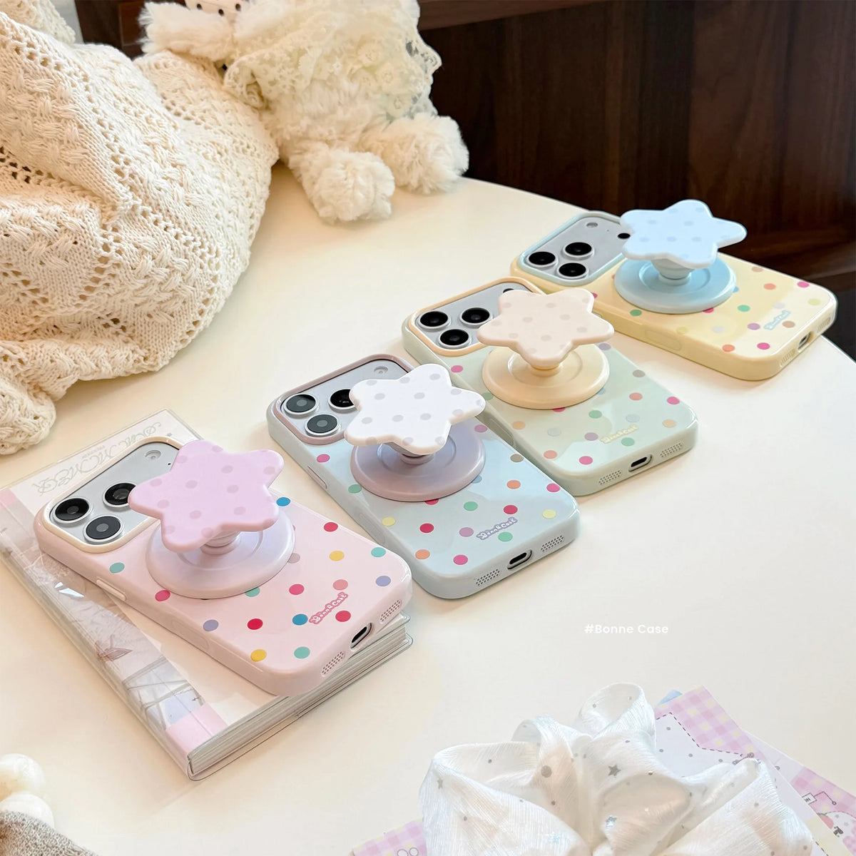 Korean Full Screen Colorful Polka Dots Stars Magnetic Bracket Phone Case For iPhone