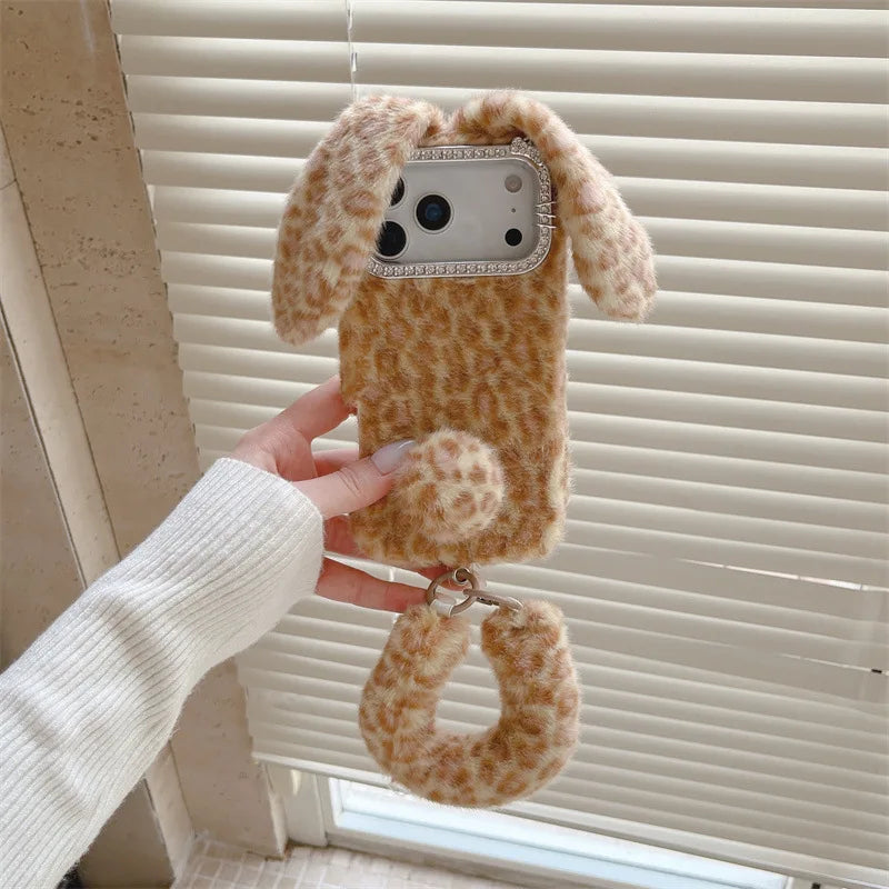 Cute Cartoon Leopard Print Rabbit Ears Furry Plush Phone Case For iPhone