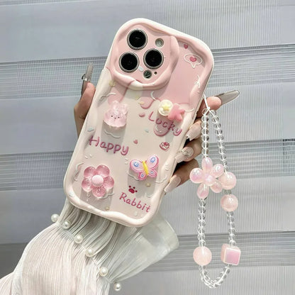 Sweet Style Pink 3D Bunny Flowers Wavy-Edge Phone Case For iPhone