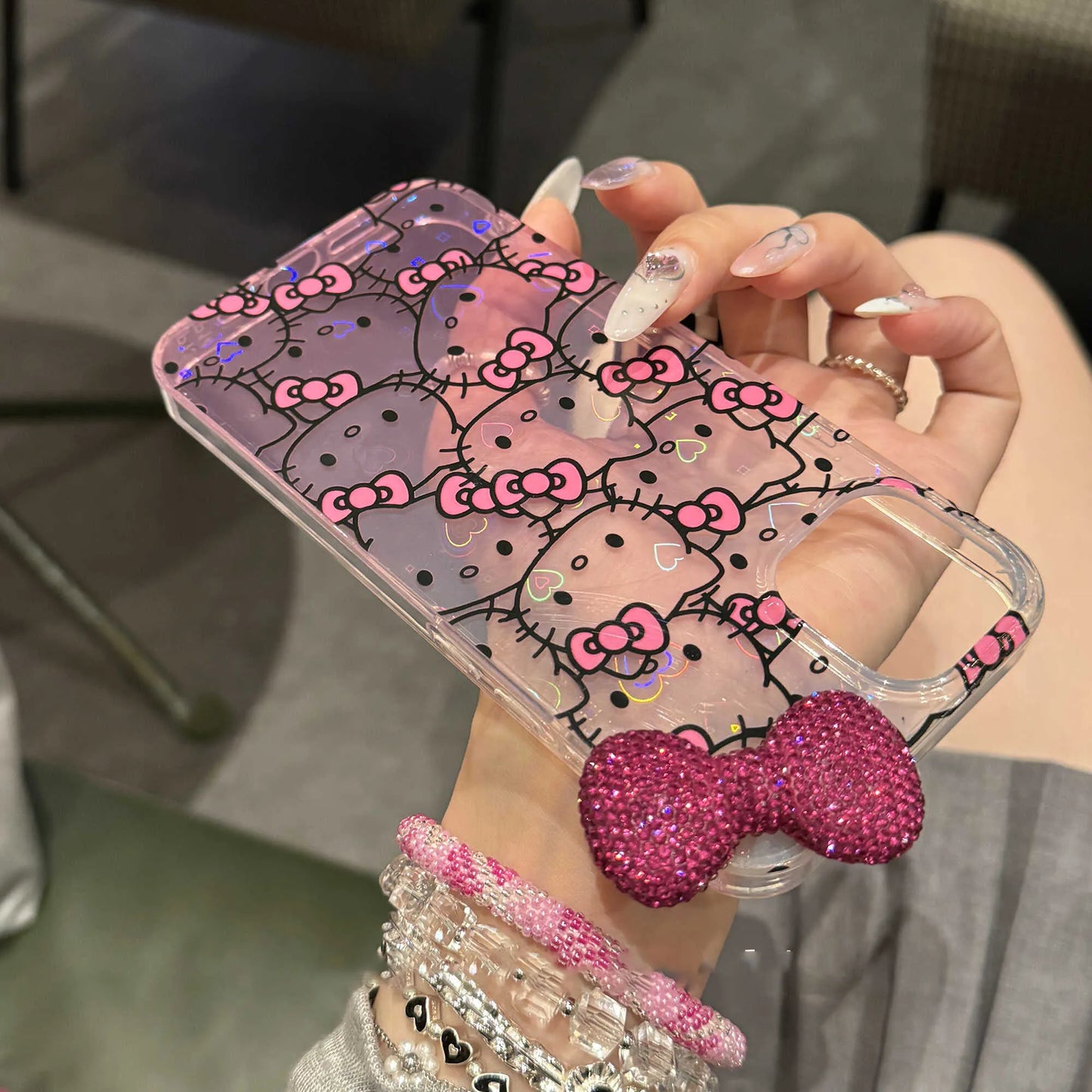 Hello Kitty Diamond Bow Gradient Phone Case For iPhone