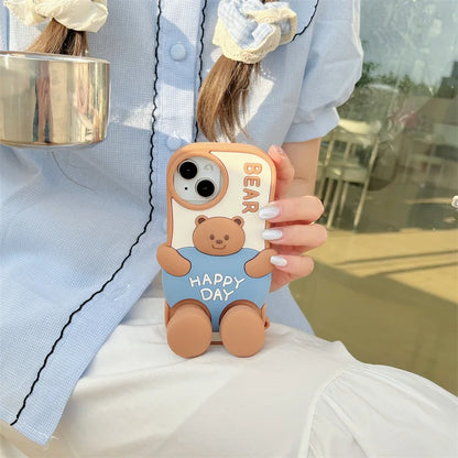 3D Cute Cartoon Fat Bear Silicone Telescopic Bracket Phone Case For iPhone