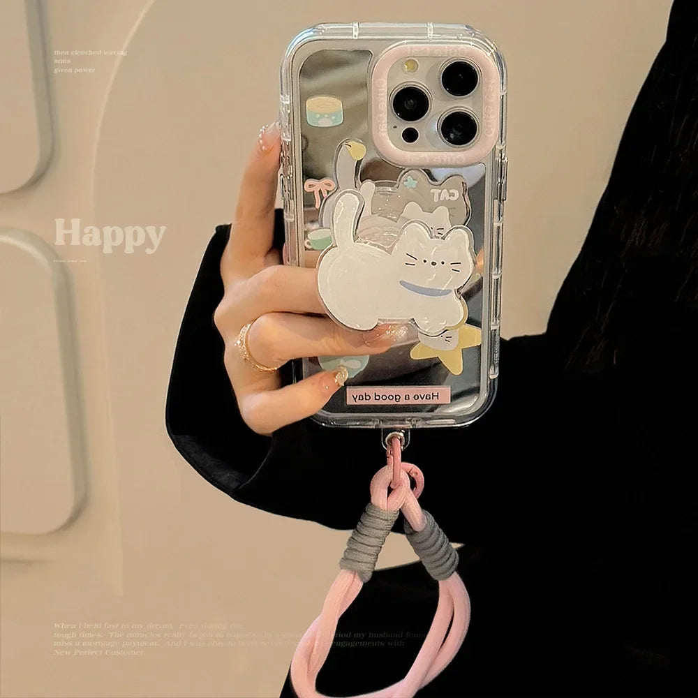 Korean Cartoon White Cat Bracket With Lanyard Makeup Mirror Phone Case For iPhone