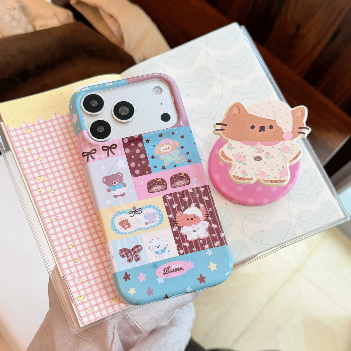 Korean Splicing Cartoon Nightwear Kitten Doll Magnetic Bracket Phone Case For iPhone