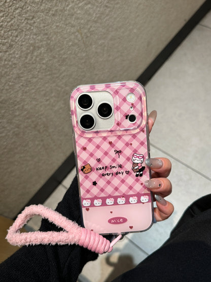 Korean Cute Imd Pink Lingge Kitty Hand Rope Phone Case For iPhone