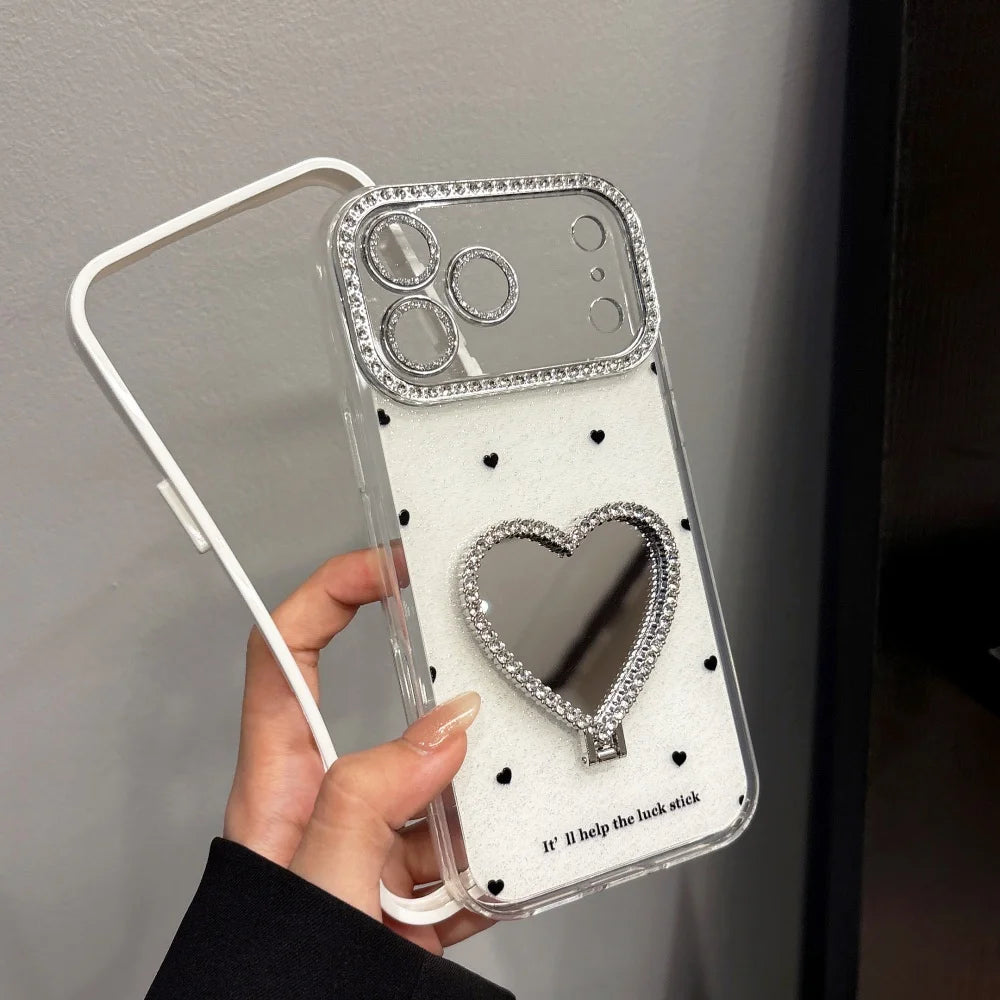 Glitter Diamond Love Heart Mirror Bracket Case For iPhone