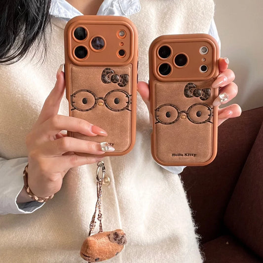 Brown Cute Leather Leopard Print Glasses Kiity Phone Case Suitable For iPhone