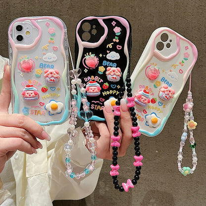 Cute 3D Pig Bracelet Wrist Chain Lanyard Clear Soft Phone Case For iPhone