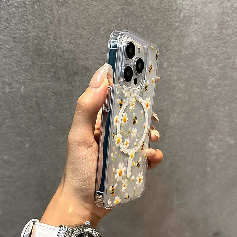 Honeybee Flower Pattern Magnetic Clear Phone Case For iPhone