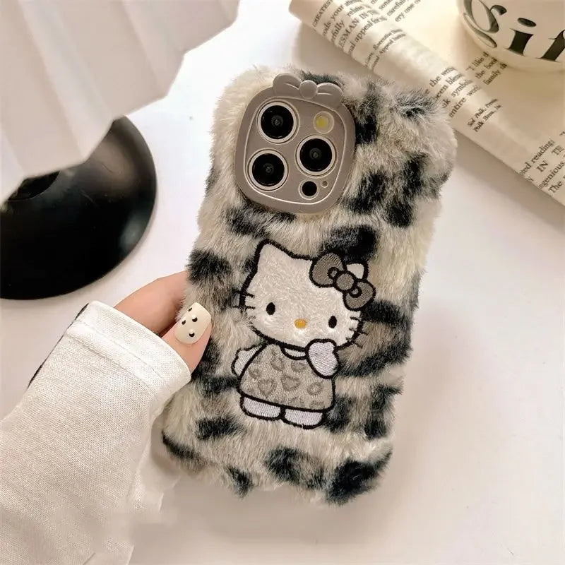 Y2k Hello Kitty Kawaii Plush Leopard Print Phone Case For iPhone