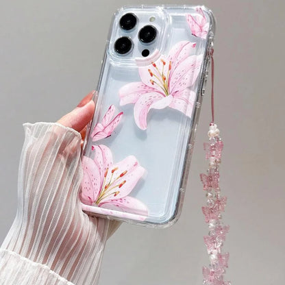 Sweet Pink Lily Pattern With Lanyard Phone Case For iPhone