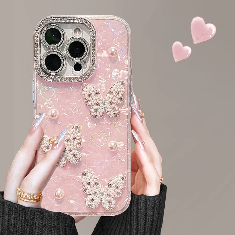 Bling Glitter Heart Pearl Phone Case For iPhone