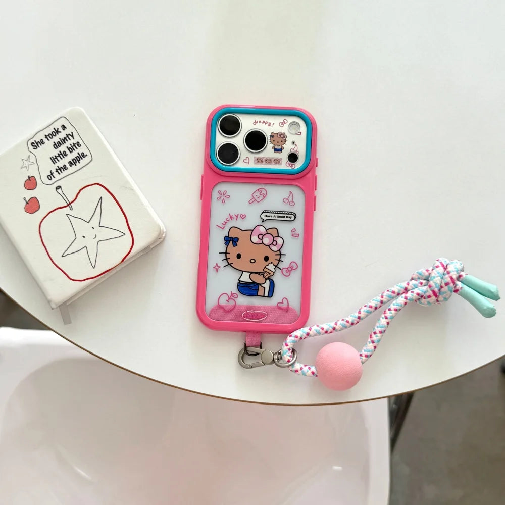 Cute Large Window Hello Kitty Phone Case With Colorful Bead Woven Wrist Lanyard Shockproof Cover For iPhone