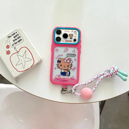Cute Large Window Hello Kitty Phone Case With Colorful Bead Woven Wrist Lanyard Shockproof Cover For iPhone