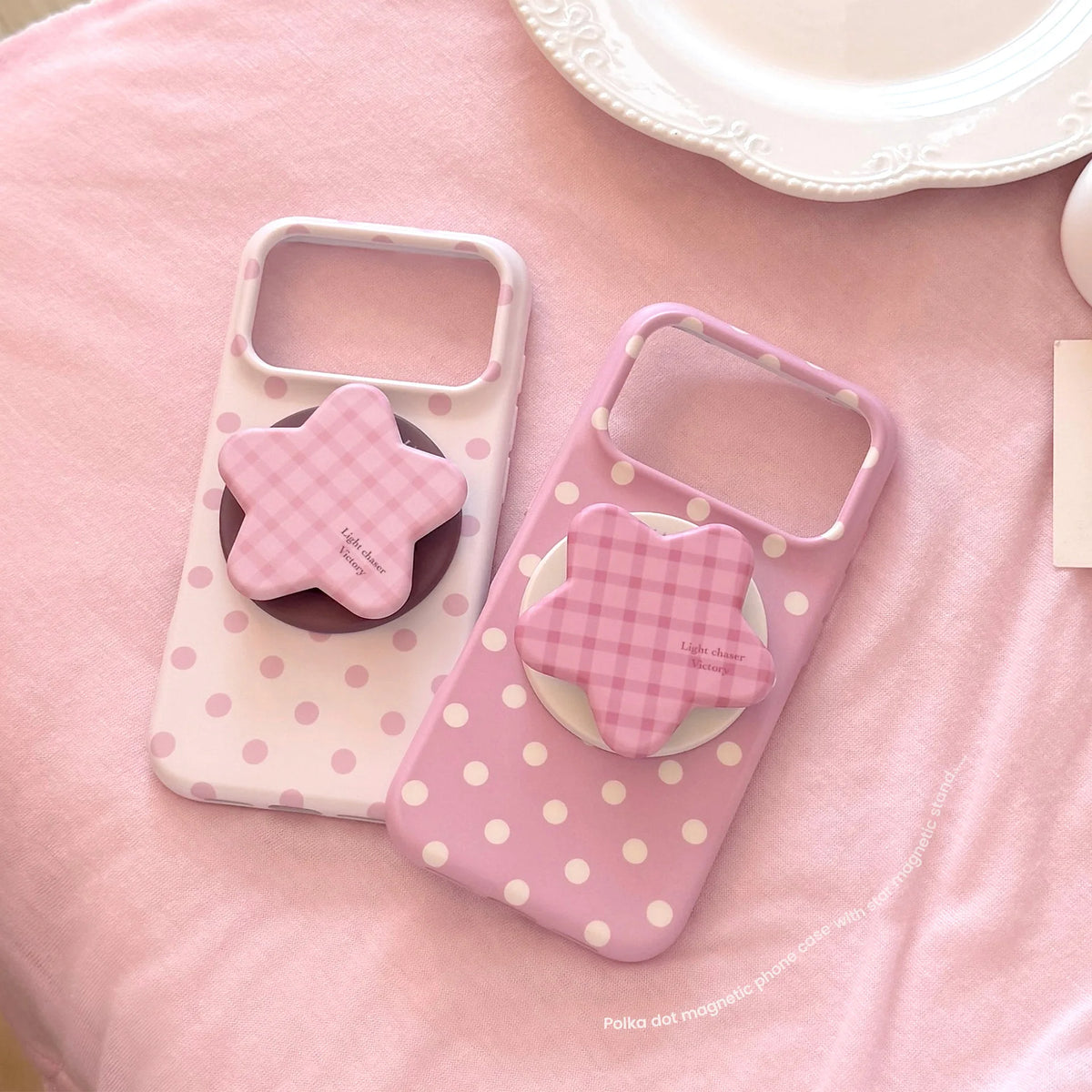 Korean Full Screen Polka Dots With Plaid Stars Magnetic Bracket Phone Case For iPhone