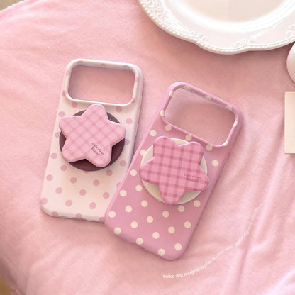 Korean Full Screen Polka Dots With Plaid Stars Magnetic Bracket Phone Case For iPhone