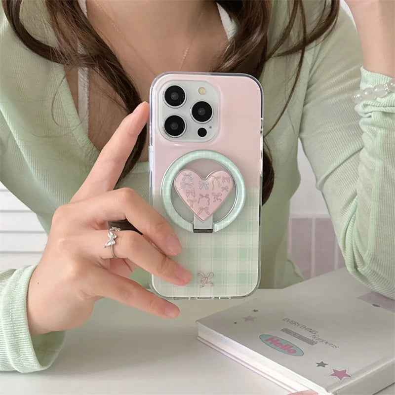 Fashion Pink Green Plaid Pattern Magnetic Phone Case