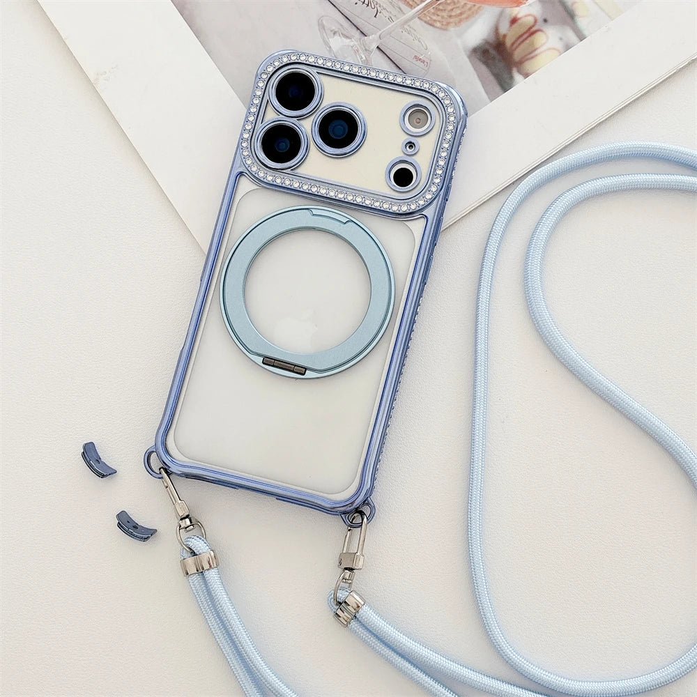 Flash Diamond Necklace Cord Rope Lanyard Plating Magnetic Clear Bracket Case For iPhone