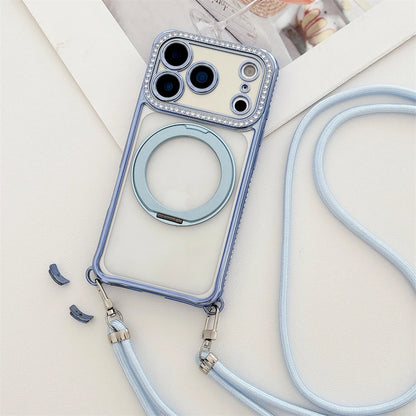 Flash Diamond Necklace Cord Rope Lanyard Plating Magnetic Clear Bracket Case For iPhone