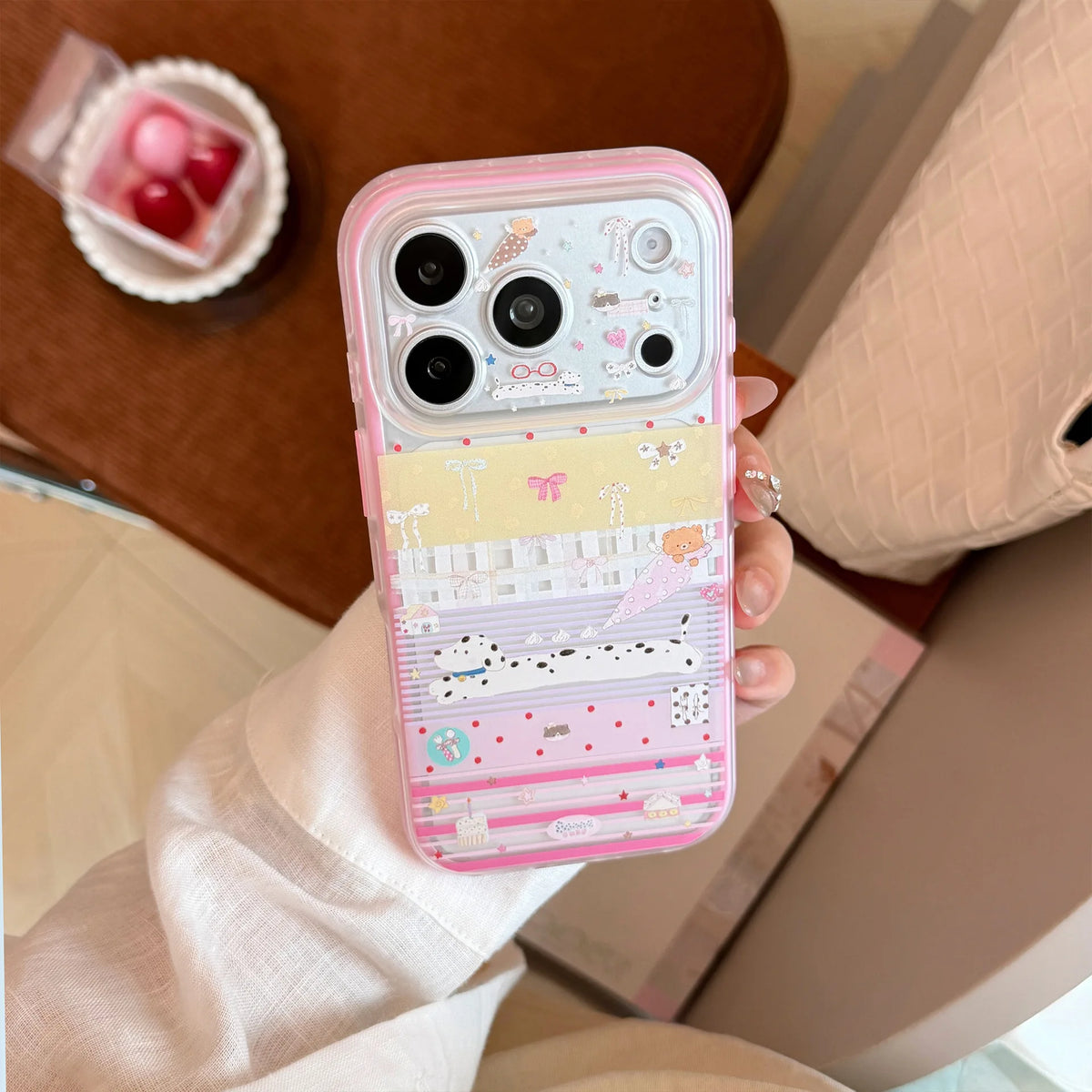 Korean Splicing Cartoon Spotted Puppy Bowknot Pattern Phone Case For iPhone