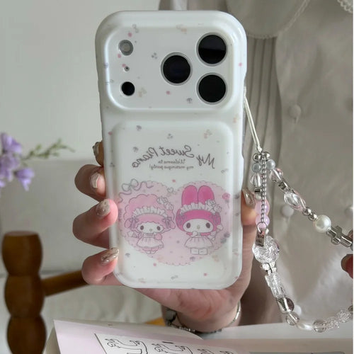 Cute My Melody Phone Case With Bead Wrist Strap Soft Shockproof Cover For iPhone