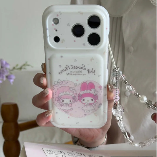 Cute My Melody Phone Case With Bead Wrist Strap Soft Shockproof Cover For iPhone