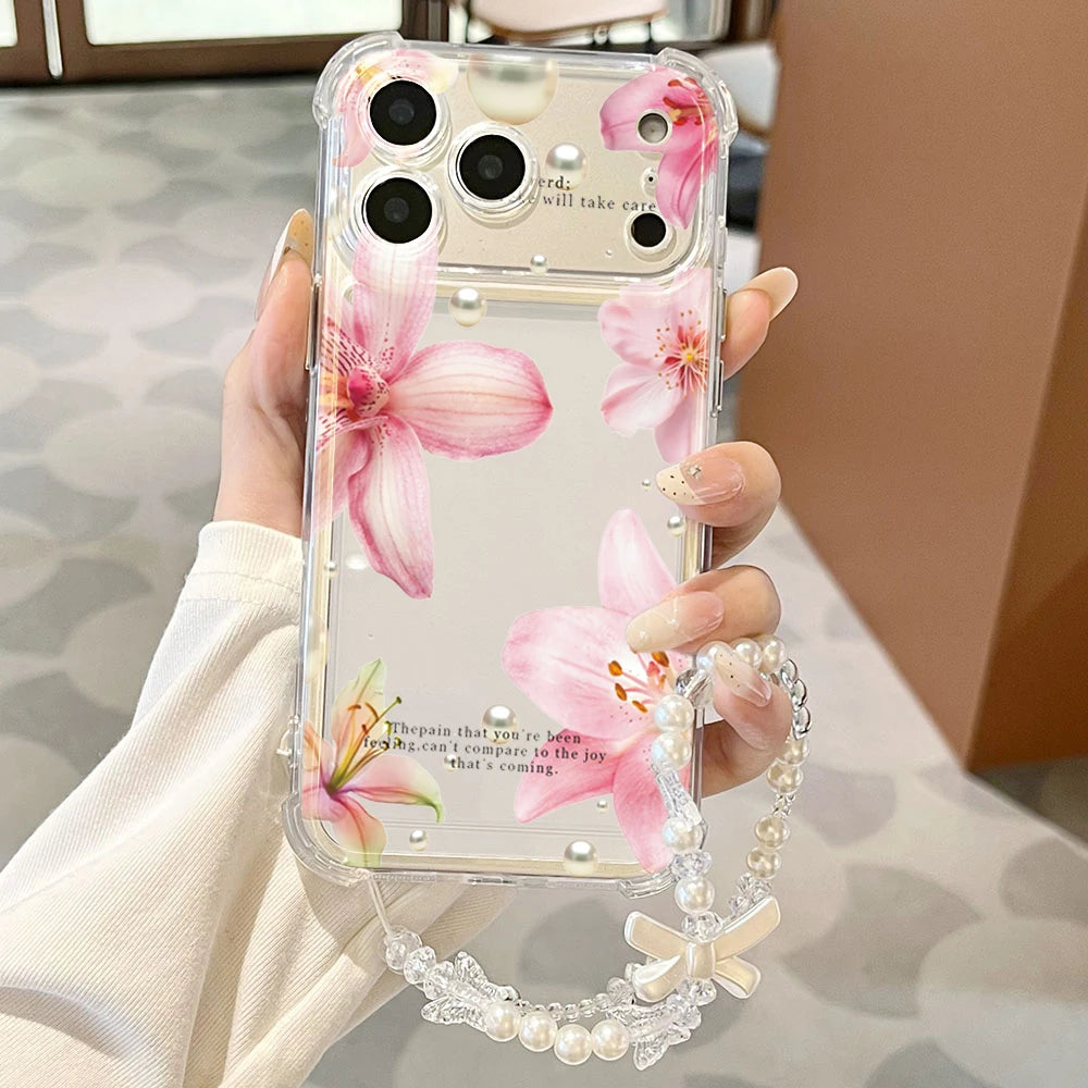 Pink Lily Flower Pattern Transparent Phone Case For iPhone