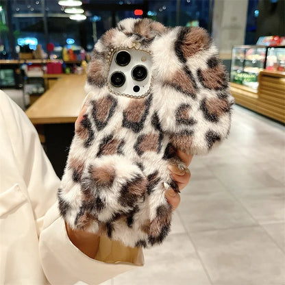Cute Cartoon Leopard Print Bunny Fur Plush Phone Case For iPhone