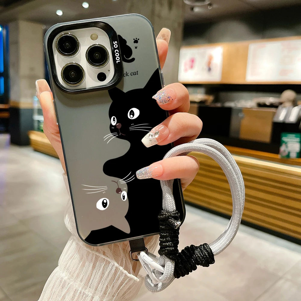 Cute Cartoon Black Cat Electroplate Lanyard Strap Phone Case For iPhone