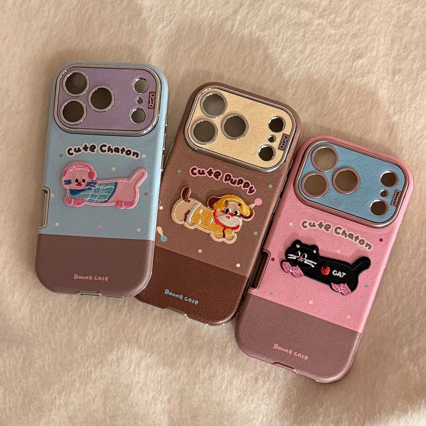 Korean Cartoon Embroidery Kitten Leather Texture Fold Mirror Phone Case For iPhone