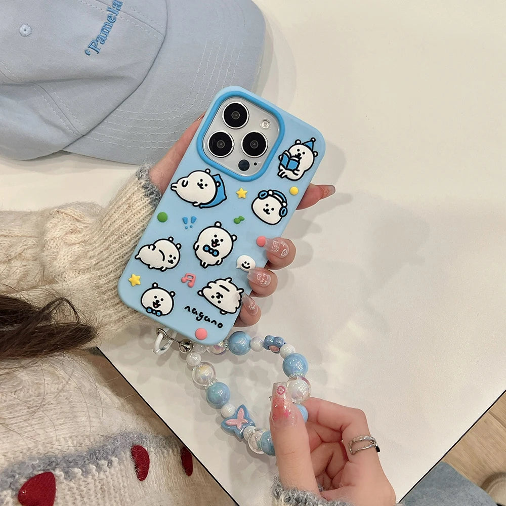 Kawaii Cartoon Nagano Bear Soft Silicone Case Cover With Bead Bracelet  For iPhone