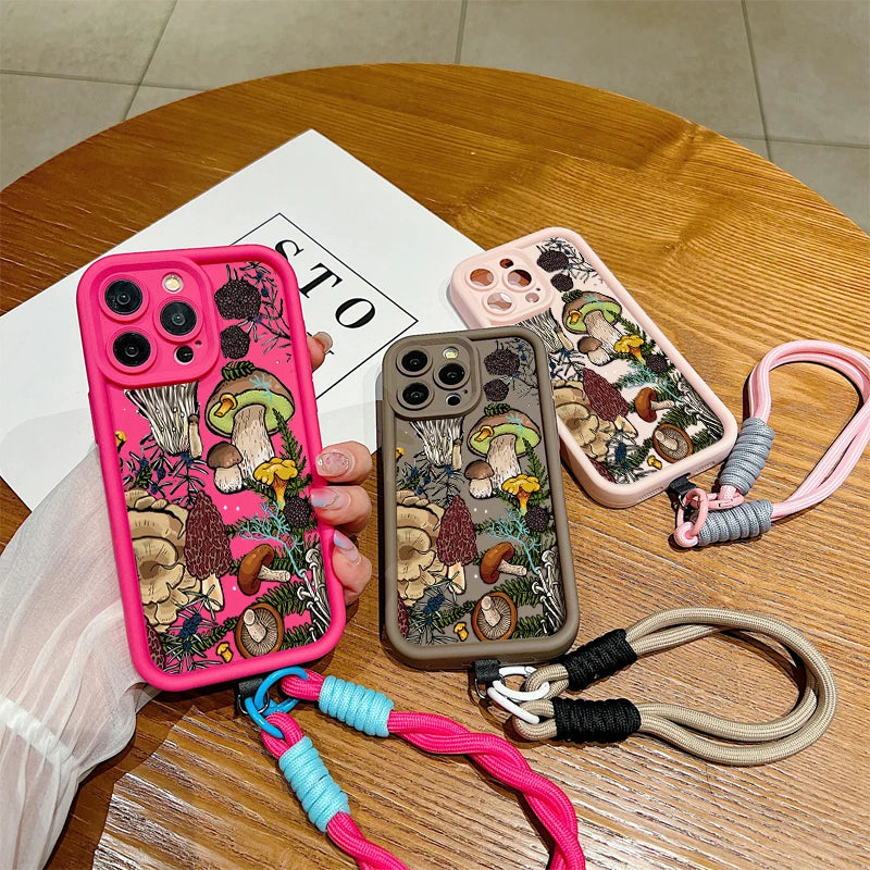 Colorful Mushroom Silicone Lanyard Rope Phone Case For IPhone