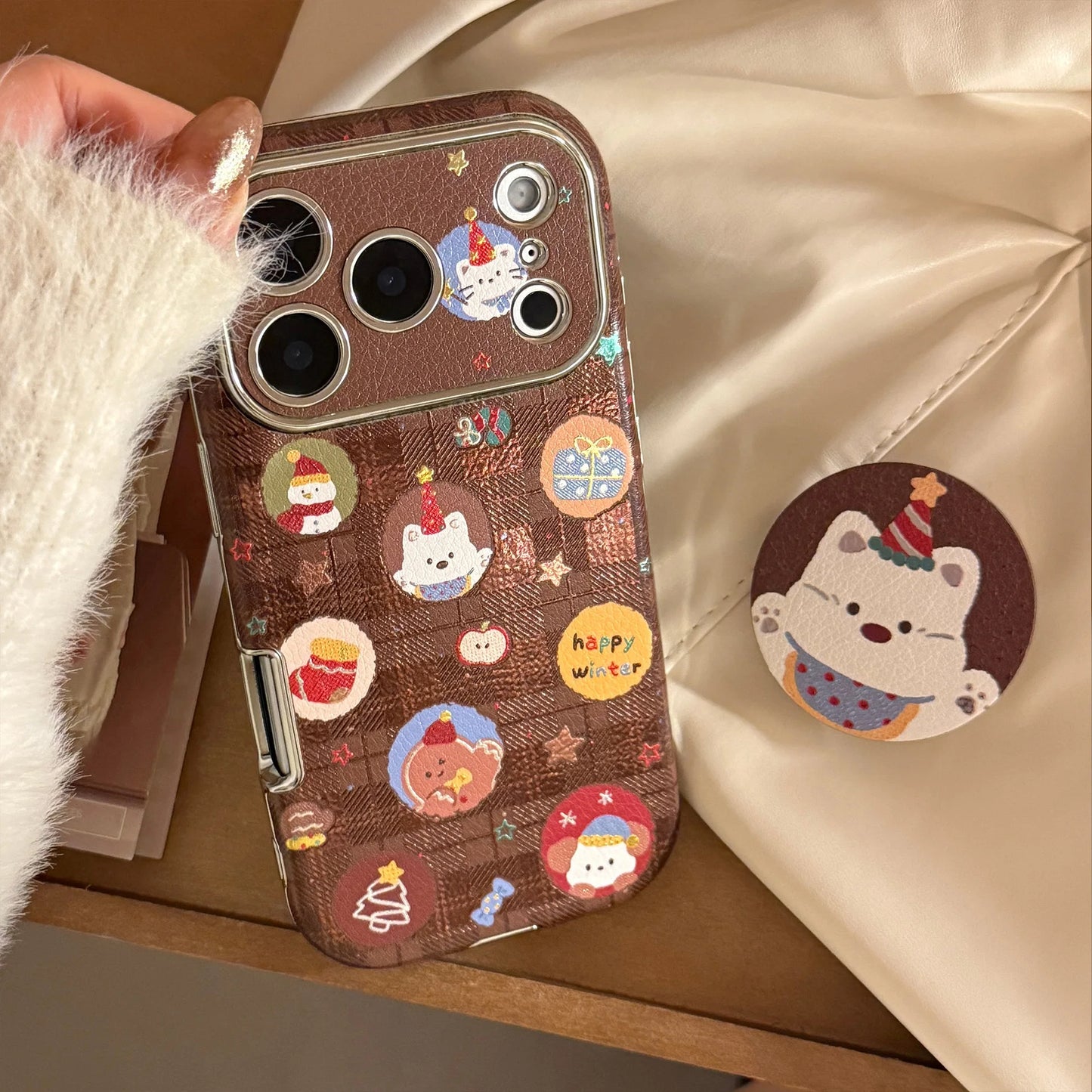 Korean Christmas Cartoon Puppy Bracket Leather Texture Phone Case For iPhone
