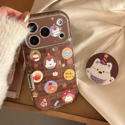 Korean Christmas Cartoon Puppy Bracket Leather Texture Phone Case For iPhone
