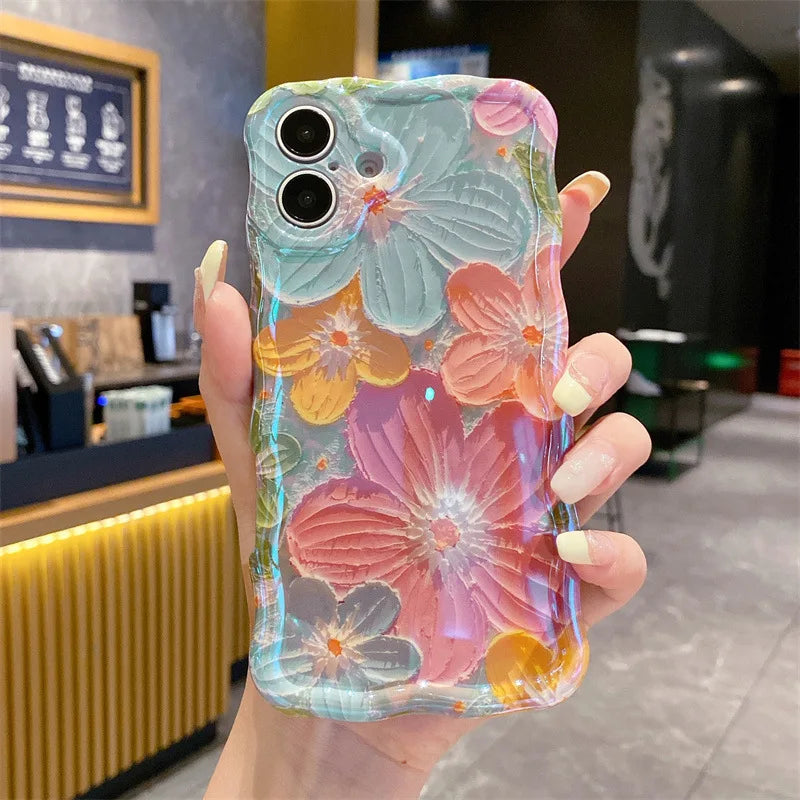 Luxury Blue Light Oil Painting Flowers Wavy Phone Case For iPhone